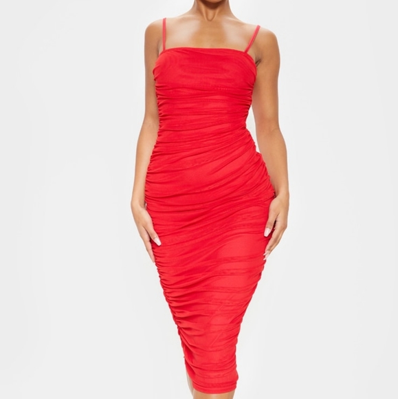 PrettyLittleThing Red Strappy Mesh Ruched Midaxi Dress - Picture 3 of 8
